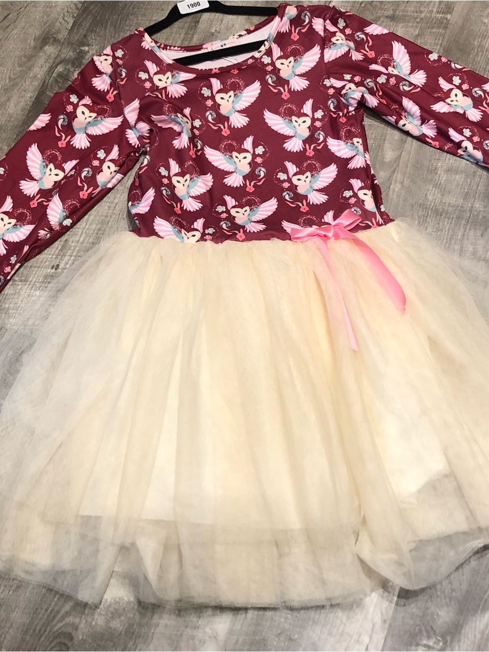 Girls Maroon Owl Print & Cream Tulle Party Dress